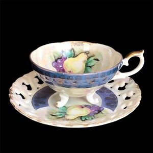 Vintage Lusterware Pedestal Tea Cup and Saucer Fruit Iridescent Gold Trim Japan